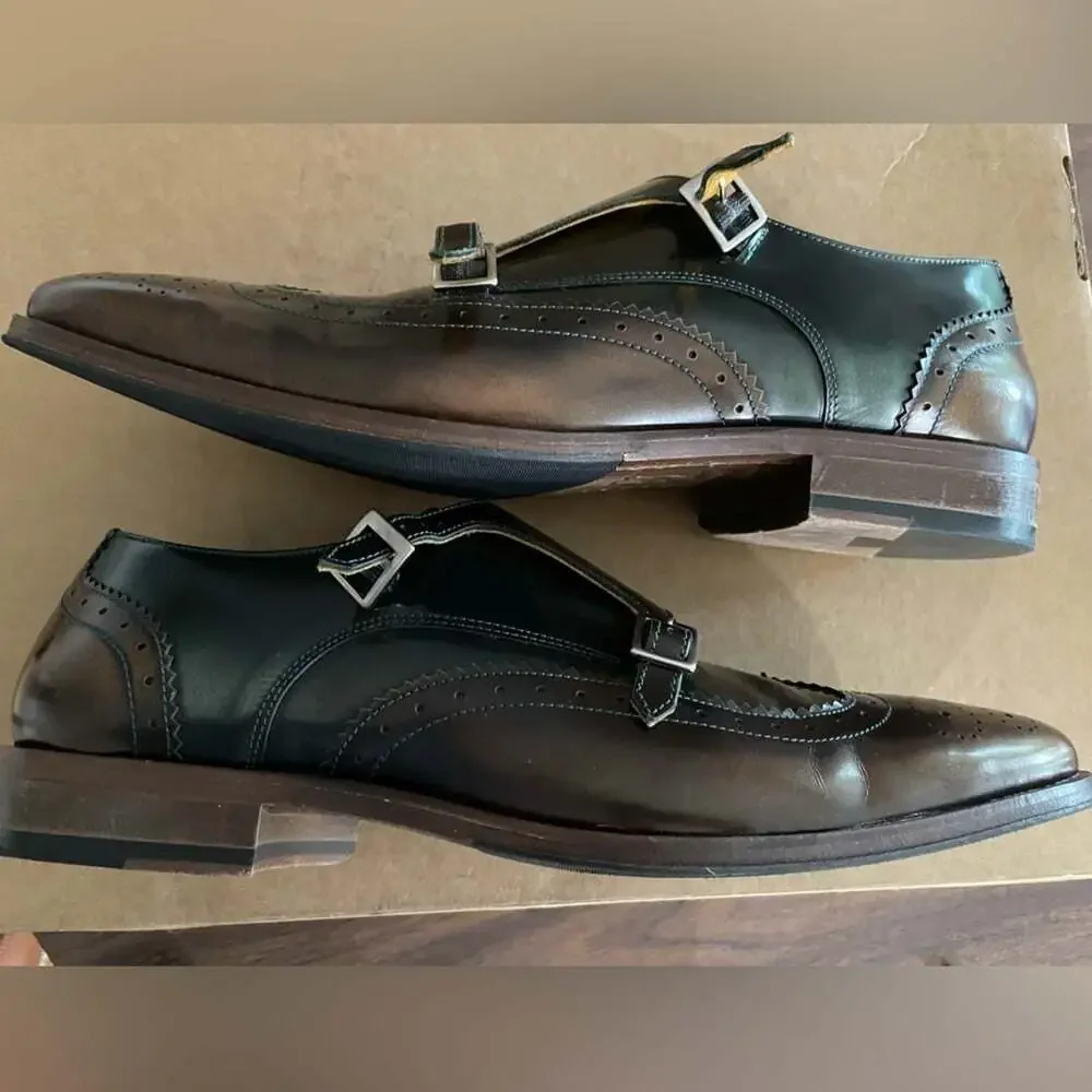 Elegant Brown and Green Men's Monk Butler Strap Oxfords